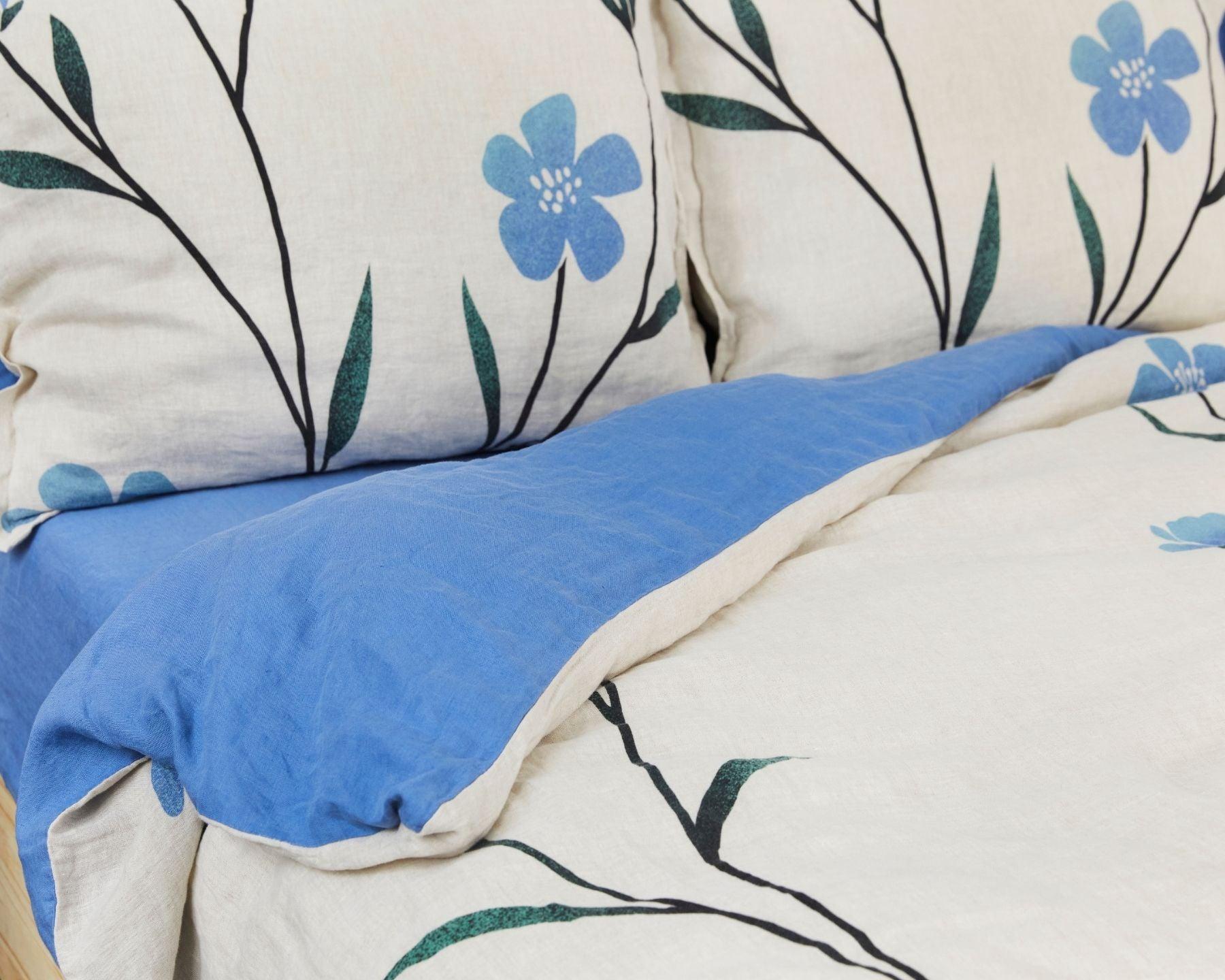 Organic European linen duvet cover on natural flax linen with Scandinavian floral design featuring blue flowers - Twin / Standard, Full/Queen / Standard, King/Cal-King / Standard, King/Cal-King / King
